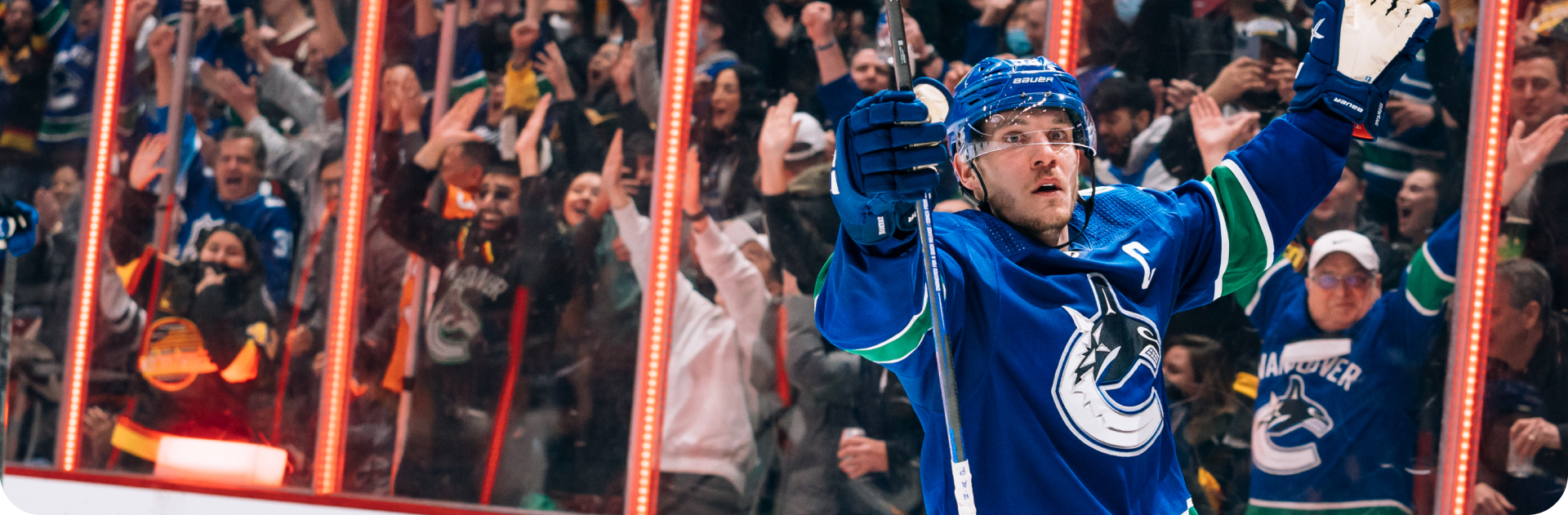 Bo Horvat celebrates a goal, and your arrival to the Canucks Communications site.